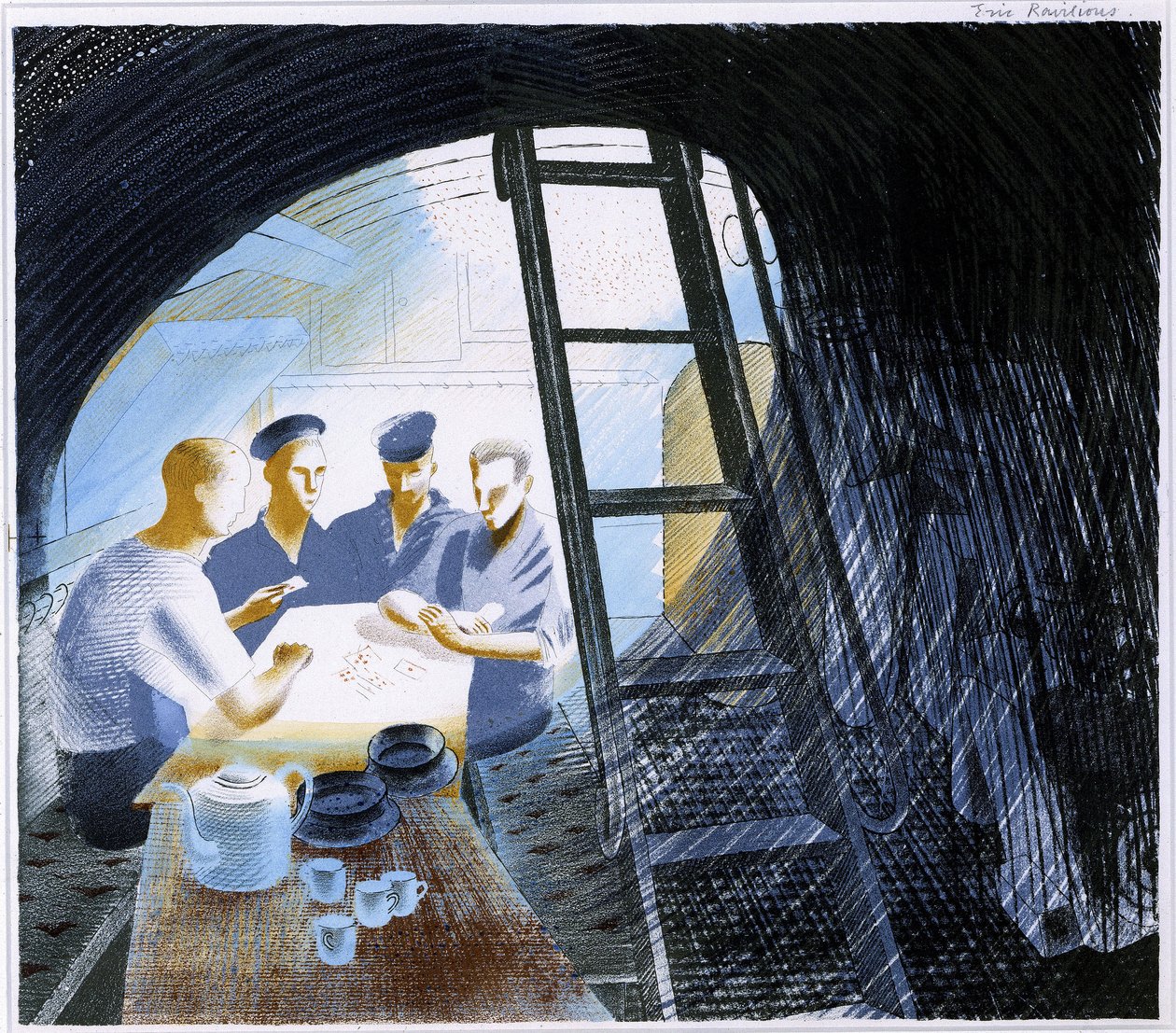 Uitzicht op de officiersmess in een ondergedompelde onderzeeër, met kookgerei en vier matrozen die kaarten spelen door Eric Ravilious