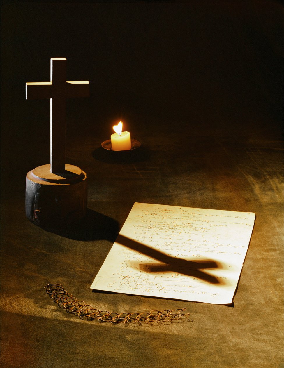 De zilveren castigatieriem van Blaise Pascal, zijn stenen kruis en het manuscript van "Le Memorial" (foto) door Erich Lessing