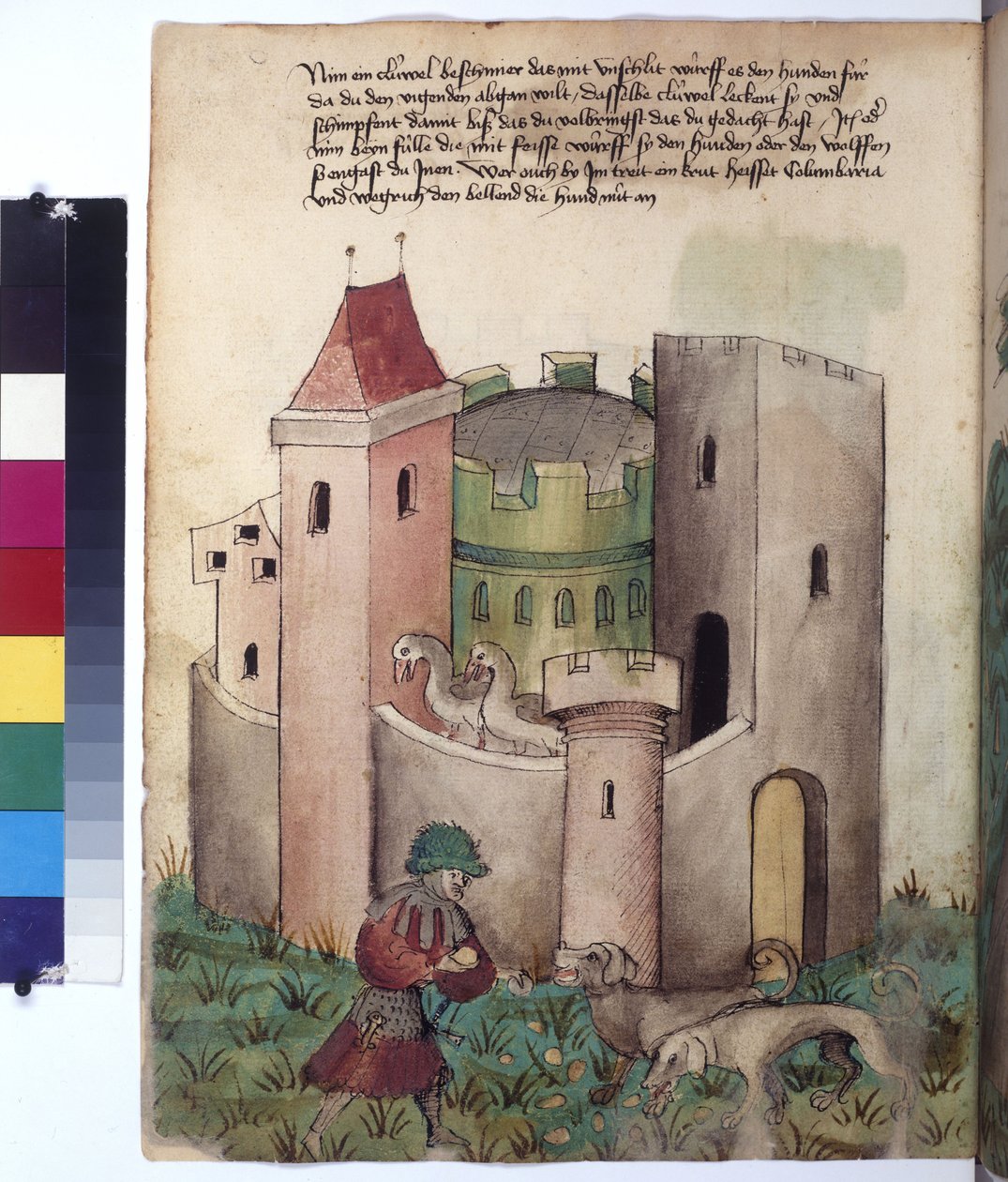 Volledige pagina: instructies voor het kalmeren van honden buiten een fort, ca. 1430 (tekening met gekleurde pen) door Erich Lessing