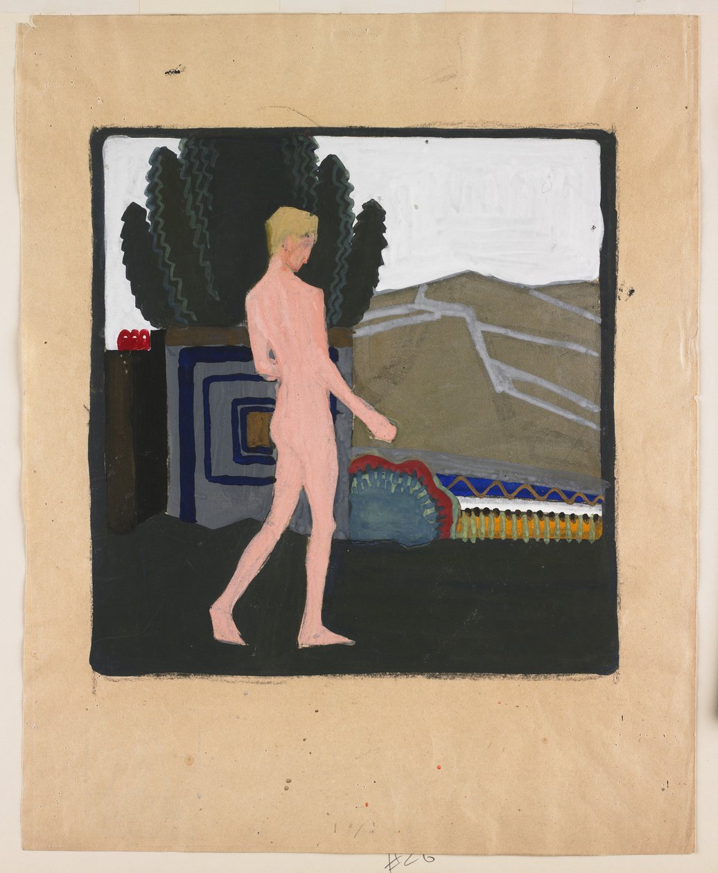 Staand mannelijk naakt in een landschap, ca. 1914 (gouache op papier) door Erich Mallina