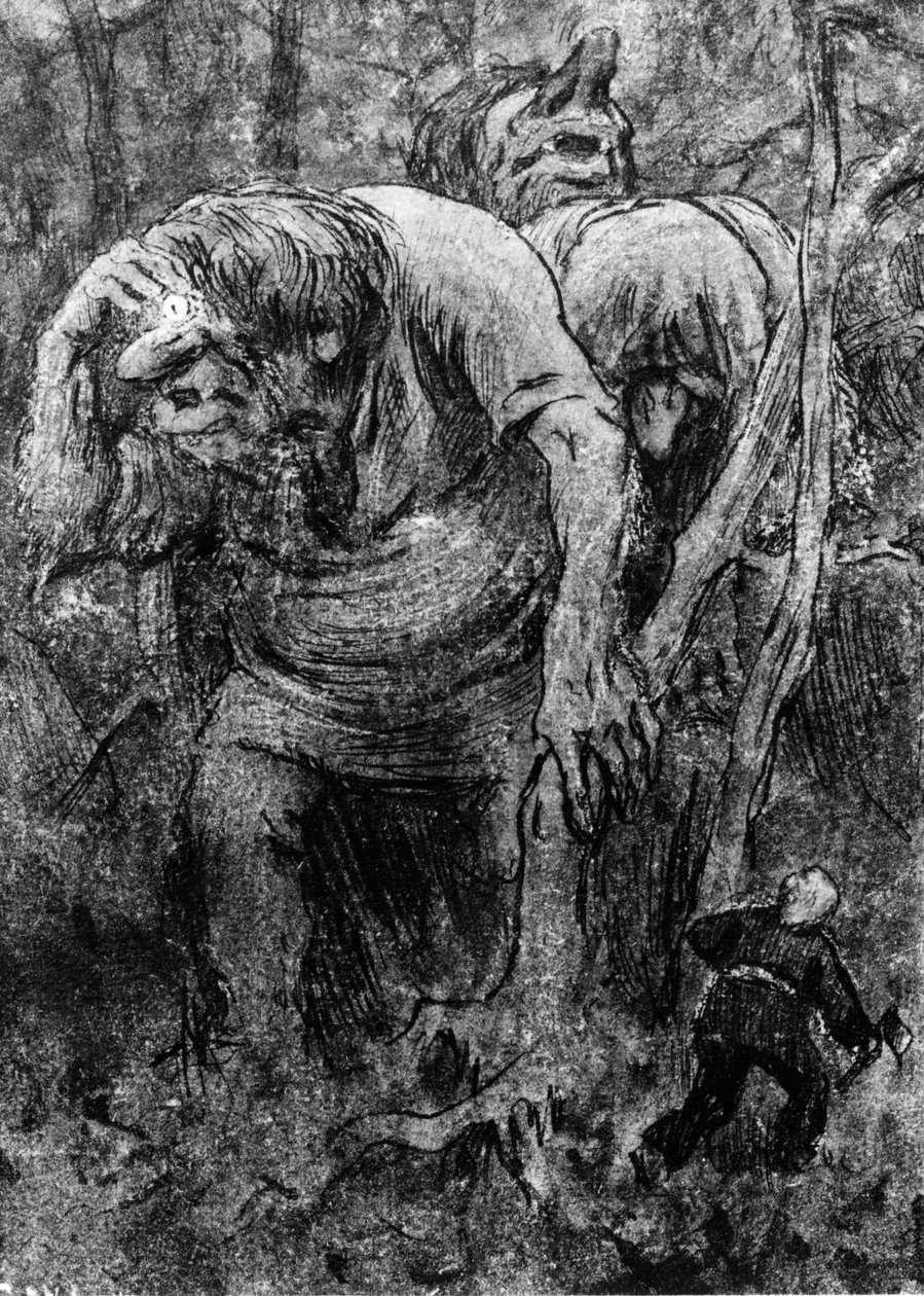 De kleine jongens ontmoeten de trollen in het Hedalsbos door Erik Theodor Werenskiold