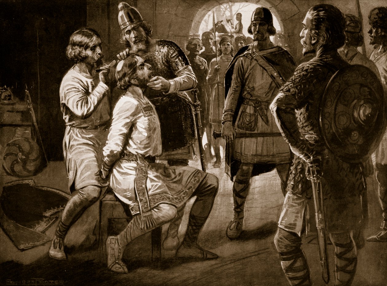 Ceolwulf, koning van Northumbria, wordt met geweld geschoren, 731, illustratie uit 