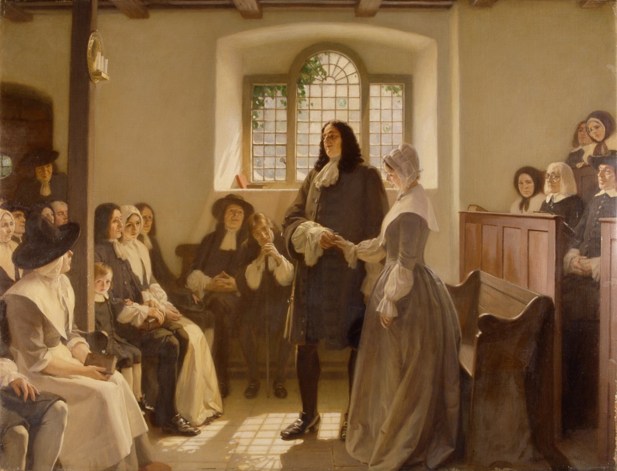 Het huwelijk van William Penn en Hannah Callowhill in het Vriendenhuis, Het Klooster, Bristol door Ernest Board