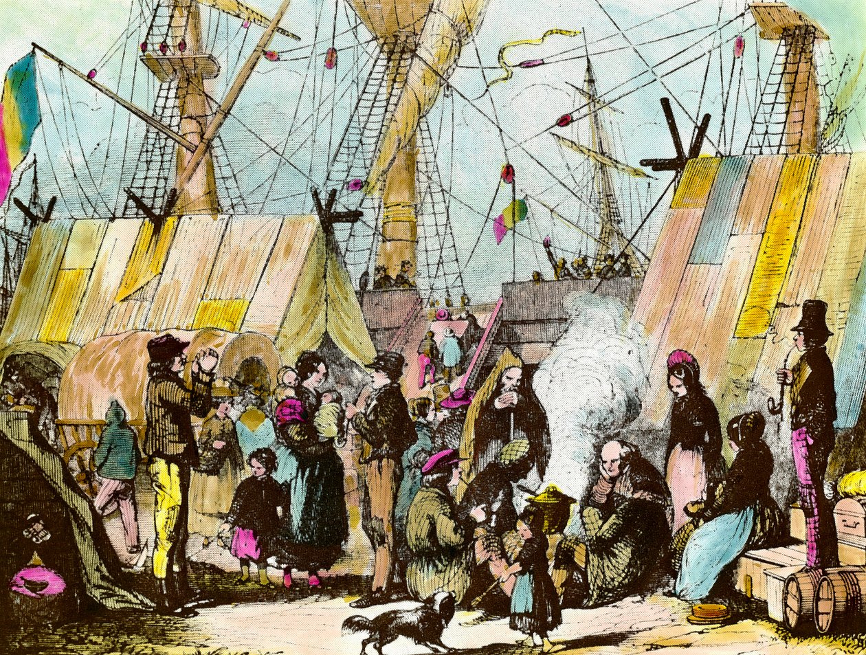 Families van emigranten gekampeerd in de haven van Le Havre. Gravure door Ernest Charton (1813-1905) Gravure van de 19e eeuw Privécollectie door Ernest Charton