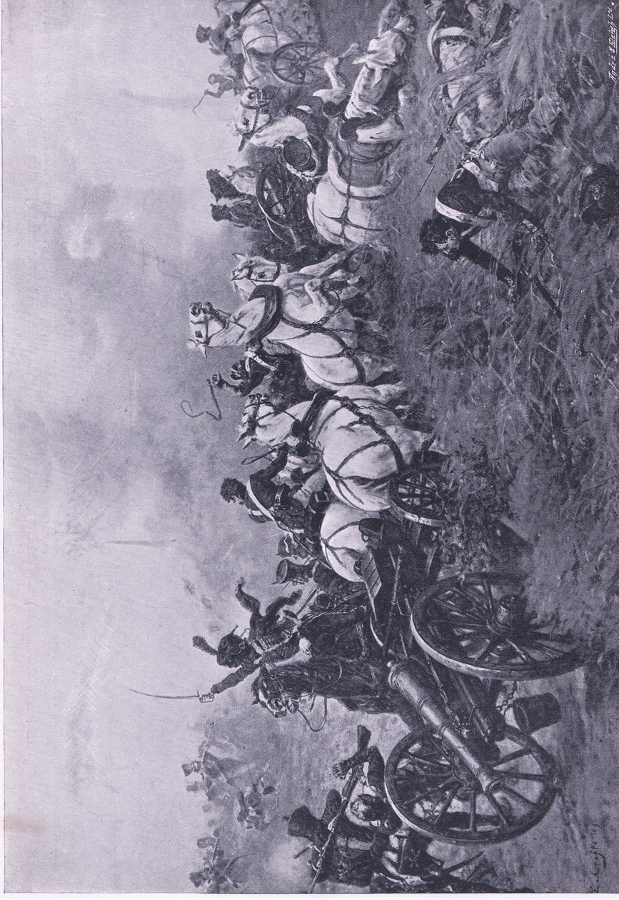 Inname van de Franse batterij door het 52e Oxfordshire Light Infantry Regiment bij Waterloo 18 juni 1815, illustratie uit Britse gevechten op land en zee, 1915 door Ernest Crofts