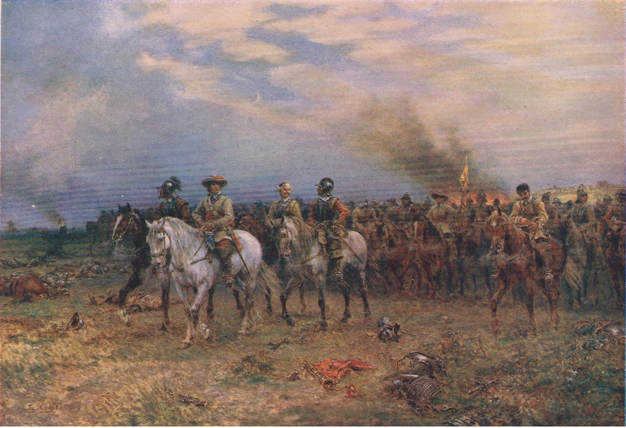 Cromwell bij Marston Moor, illustratie uit De Geschiedenis van het Britse Volk gepubliceerd door Waverley, ca. 1940 door Ernest Crofts
