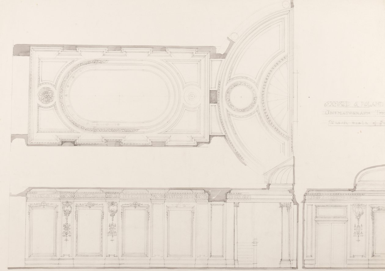 Ontwerpen voor het interieur van het Oxford en Poland Street Cinematograph Theatre: Auditorium plafond en achterwand, ca. 1910 door Ernest George William Souster