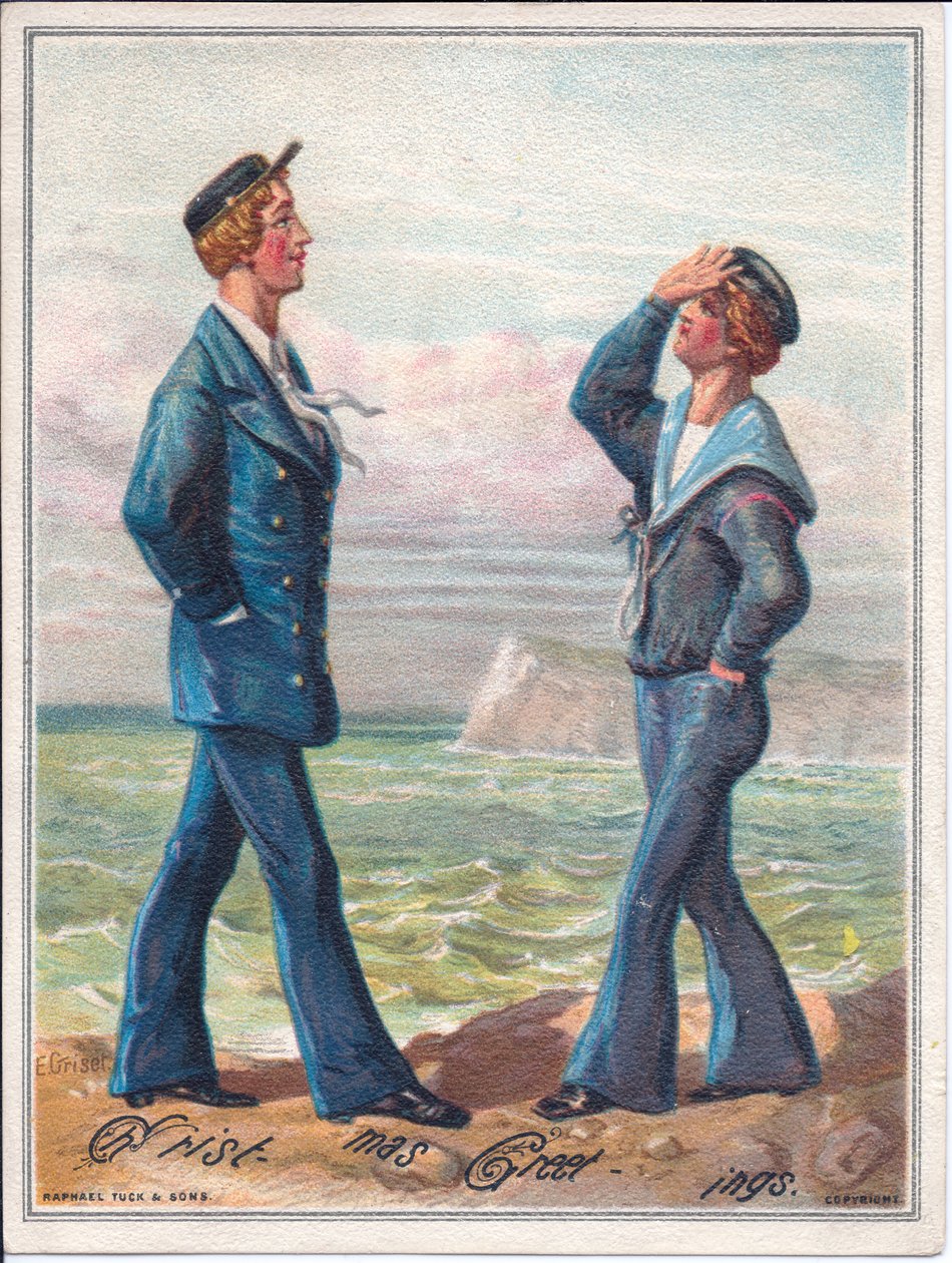 Een Victoriaanse kerstkaart van twee zeelieden die langs de oceaan lopen door Ernest Henry Griset