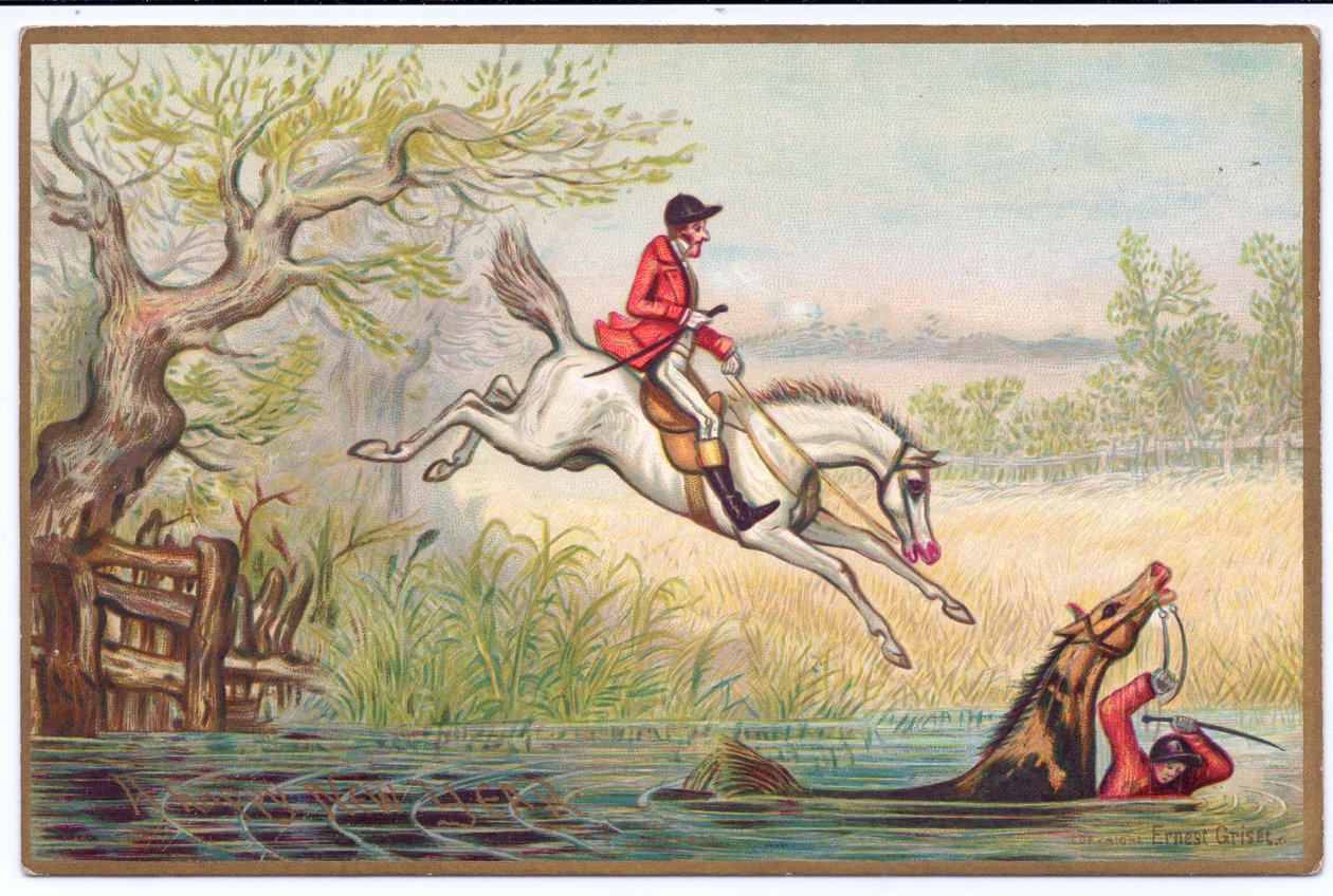 Victoriaanse nieuwjaarskaart van een vossenjacht met een jager en zijn paard die in de rivier vallen, ca. 1880 door Ernest Henry Griset