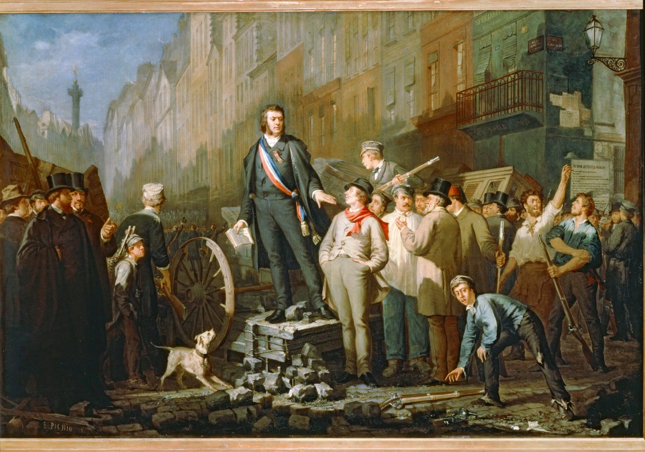 Jean-Baptiste Alphonse Baudin op de barricades in Saint-Antoine bij Parijs na de staatsgreep van 2 december 1851 ... (schilderij op doek) door Ernest Louis Pichio