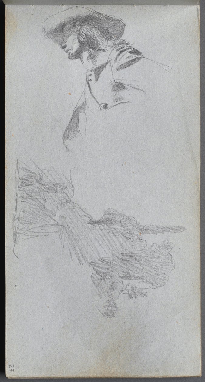 Schetsboek, pagina 27: Detailstudie voor "Op een terras" en landschapsstudie door Ernest Meissonier