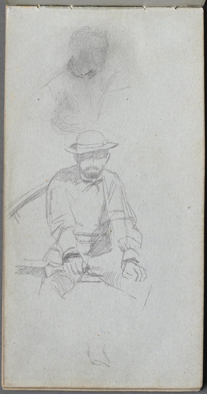 Schetsboek, pagina 30: Zittende mannelijke figuur en figuur in profiel door Jean Louis Ernest Meissonier