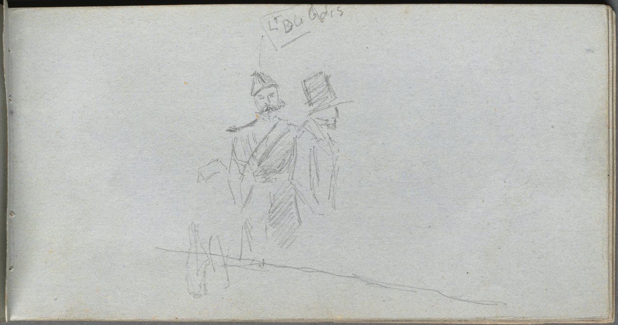 Schetsboek, pagina 38: Studie van een soldaat en figuur met hoge hoed door Jean Louis Ernest Meissonier