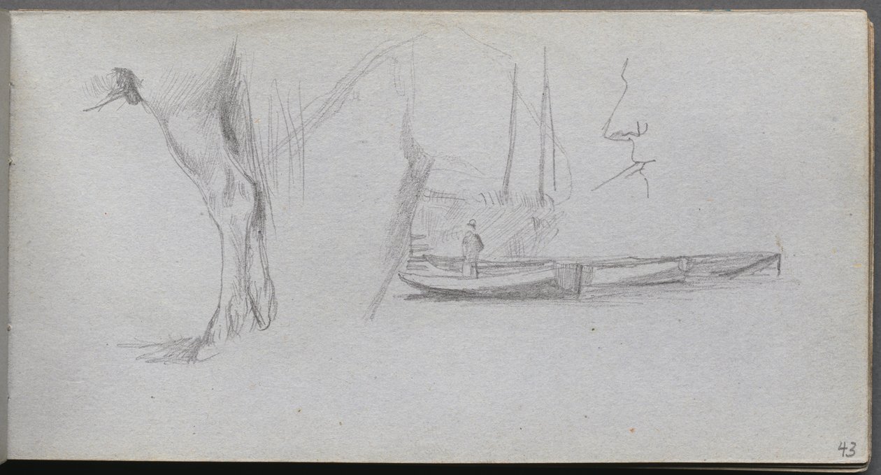Schetsboek, pagina 43: Studies: Paardenbeen, figuur in een boot en profiel door Ernest Meissonier