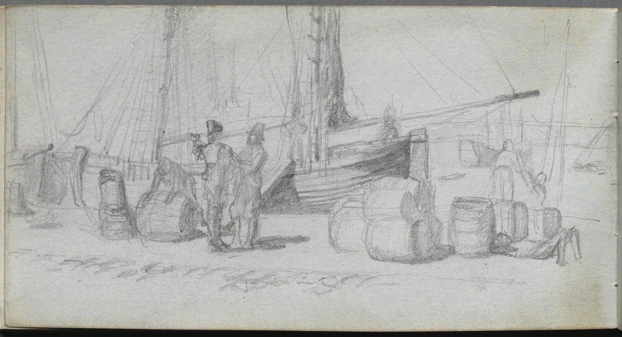 Schetsboek, pagina 50: Boten, figuren, lading op een strand door Jean-Louis Ernest Meissonier