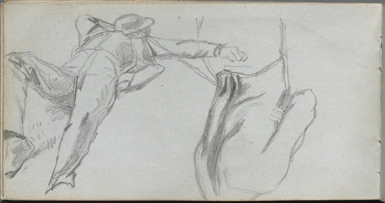 Schetsboek, pagina 58: Liggende figuur en figuur van achteren door Jean Louis Ernest Meissonier
