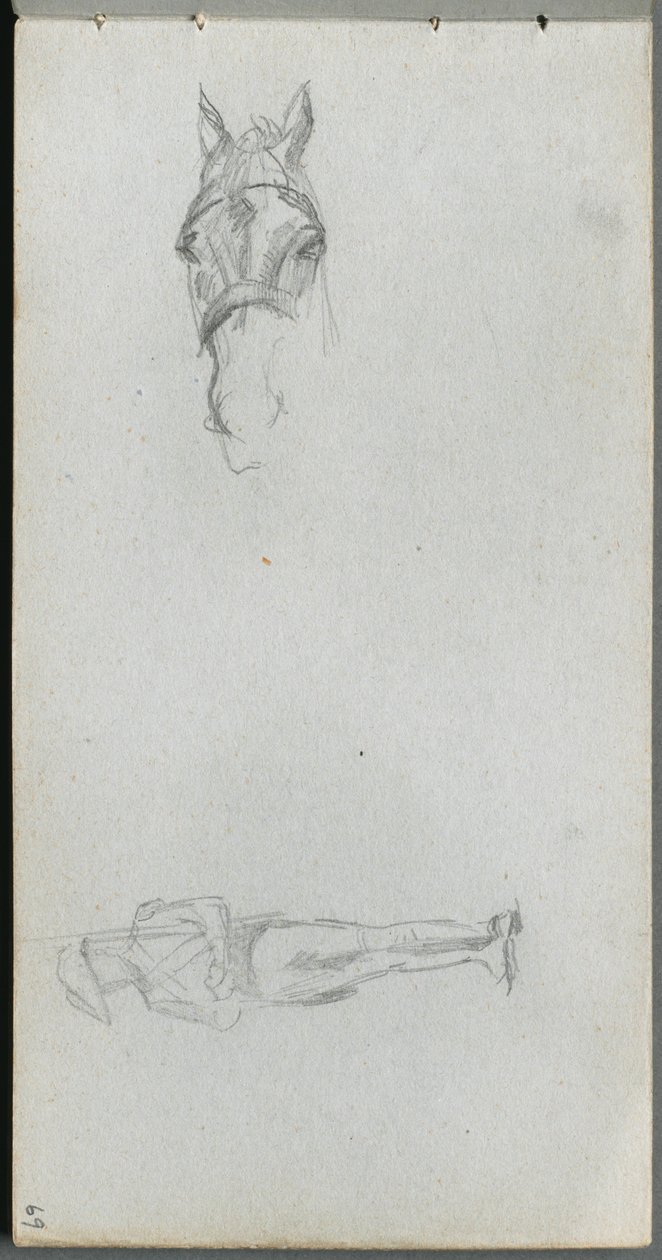 Schetsboek, pagina 69: Studie van een hand, een paard en een figuur door Ernest Meissonier