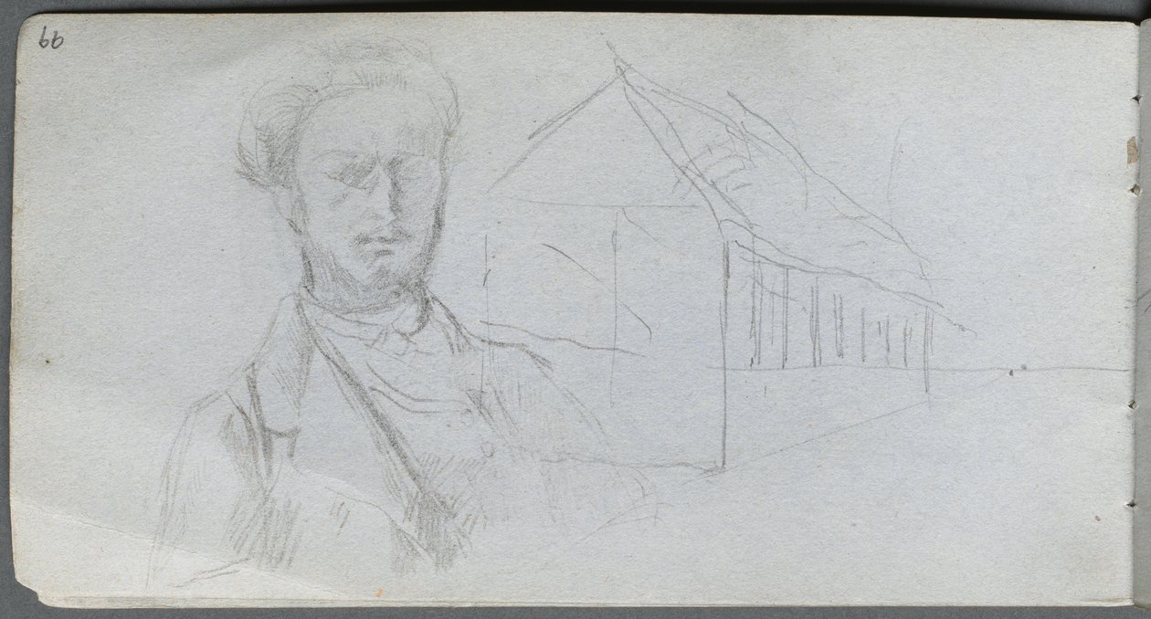 Schetsboek, pagina 99: Studie van figuur, gebouw door Ernest Meissonier