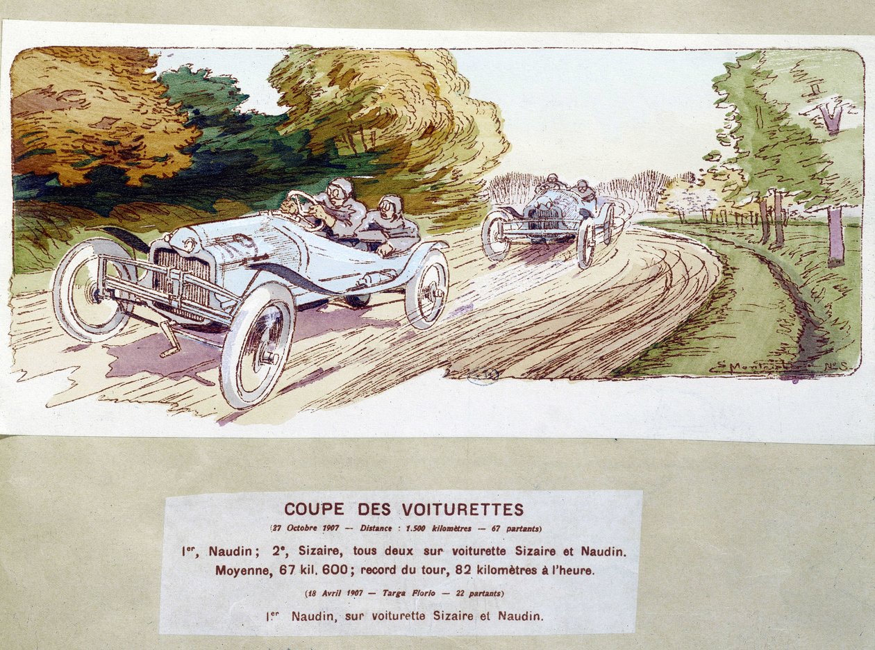 Autoracen: snijwagens in 1907 - tekening door Ernest Montaut (1878-1909) door Ernest Montaut