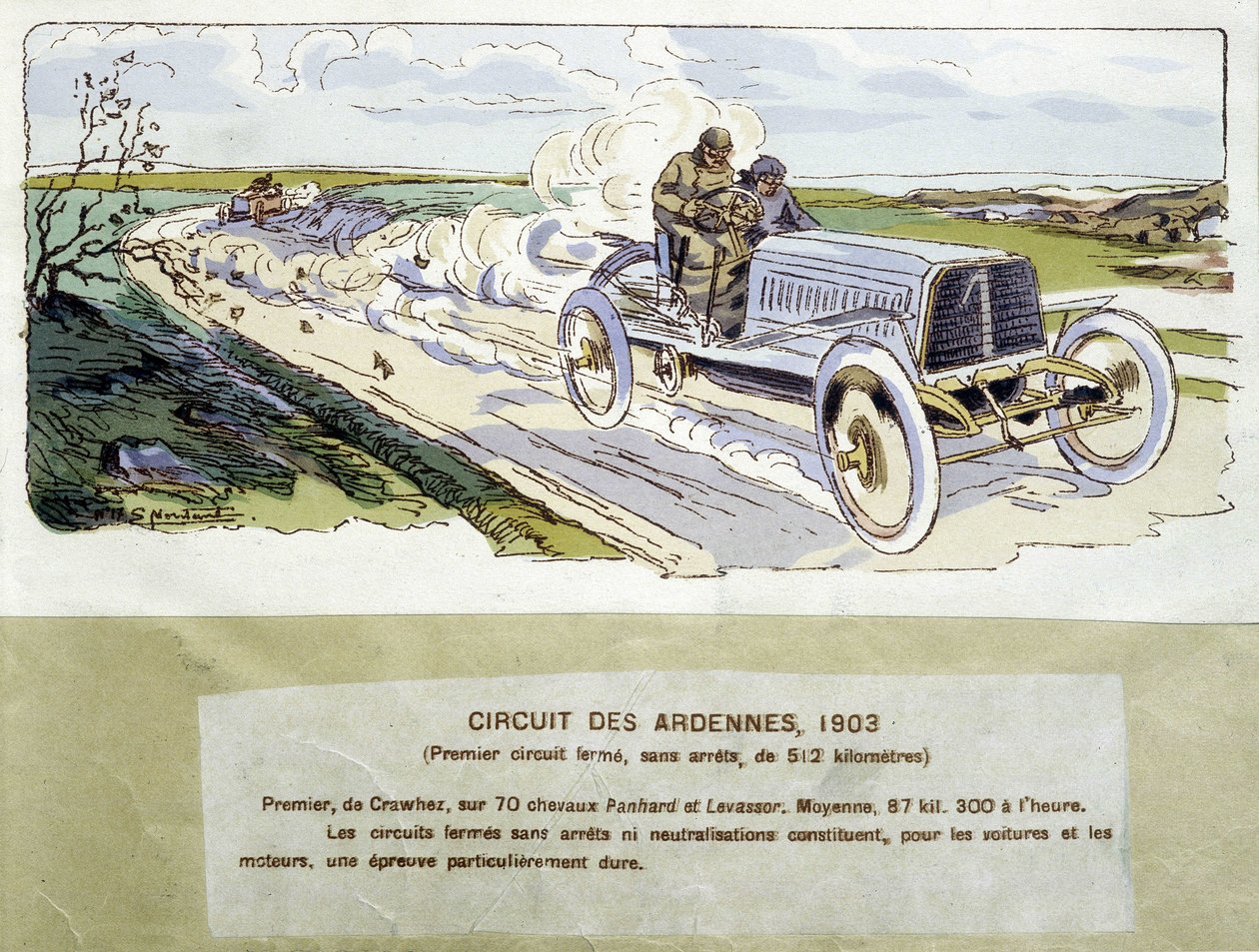 Racen: het Ardennen circuit in 1903, tekening door Ernest Montaut (1878-1909) door Ernest Montaut