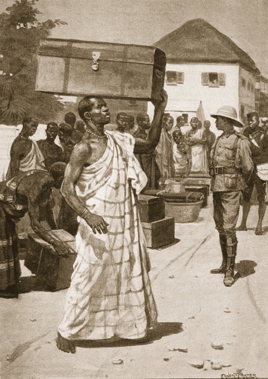 Dragers vertrekken van Cape Coast Castle naar Kumassi, illustratie uit 