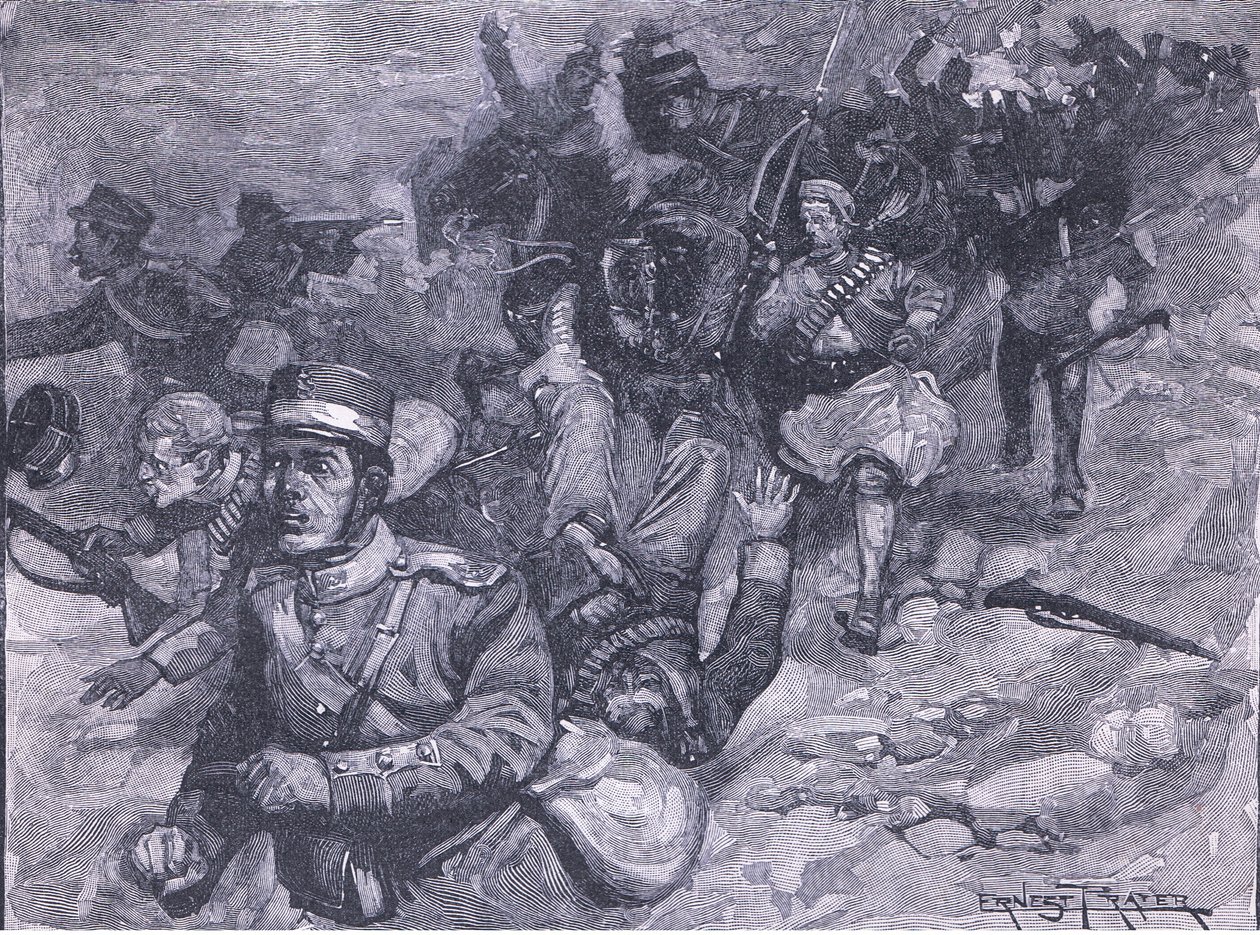 Vlucht van de Grieken bij Larissa, illustratie uit Cassells Geschiedenis van Engeland, 1900s door Ernest Prater