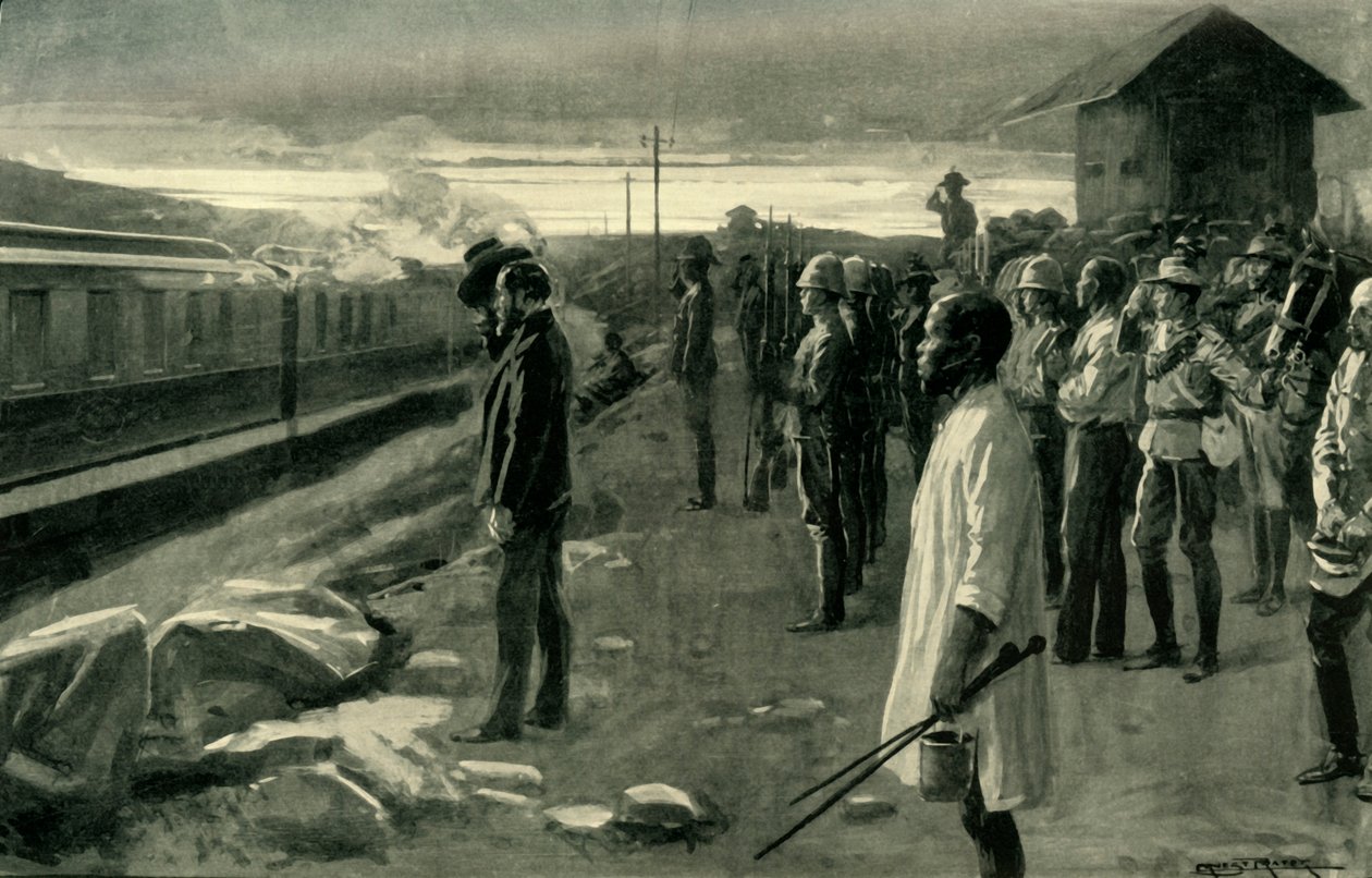 De Trein die de Resten van Mr. Rhodes Vervoert, Gegroet door de Blokhuiswachten, 1902 door Ernest Prater