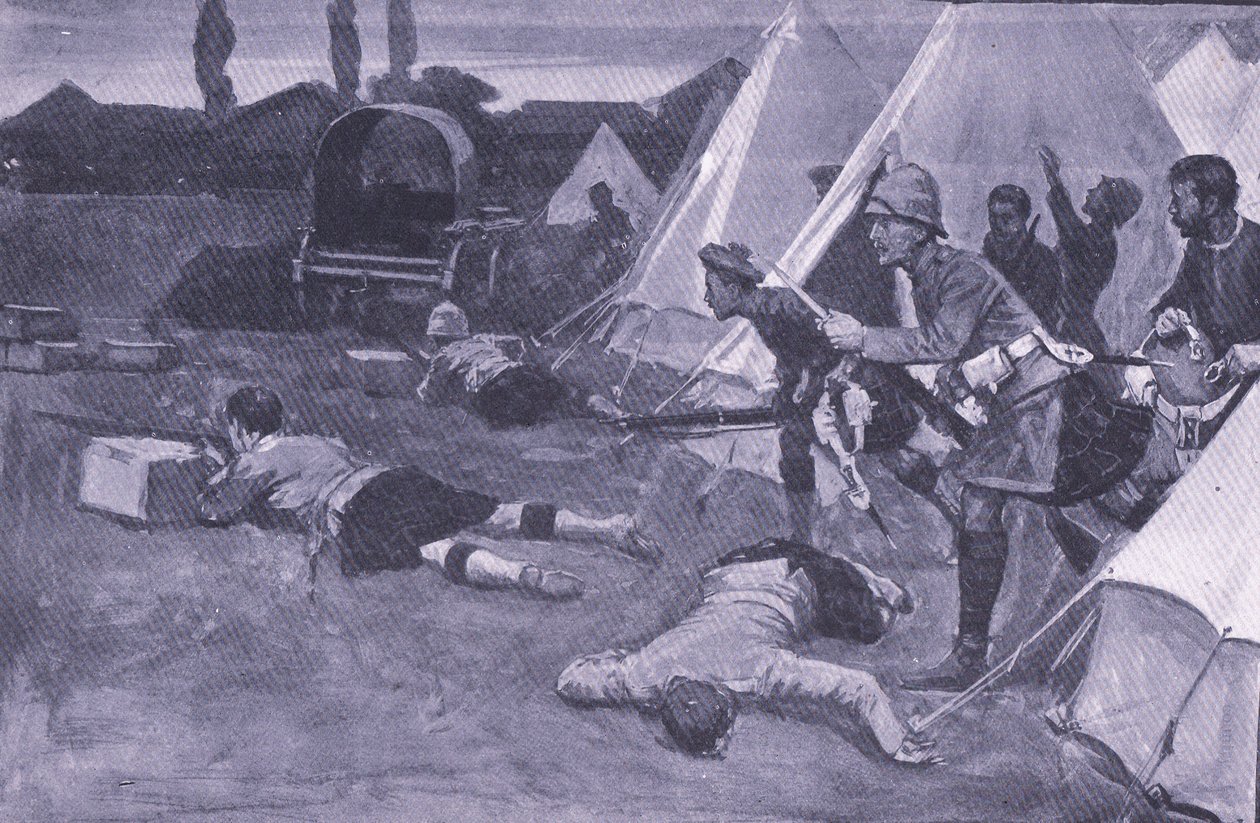 De aanval op het Britse kamp op de markt van Jacobsdal, illustratie uit Na Pretoria: De Guerrillaoorlog, 1902 door Ernest Prater