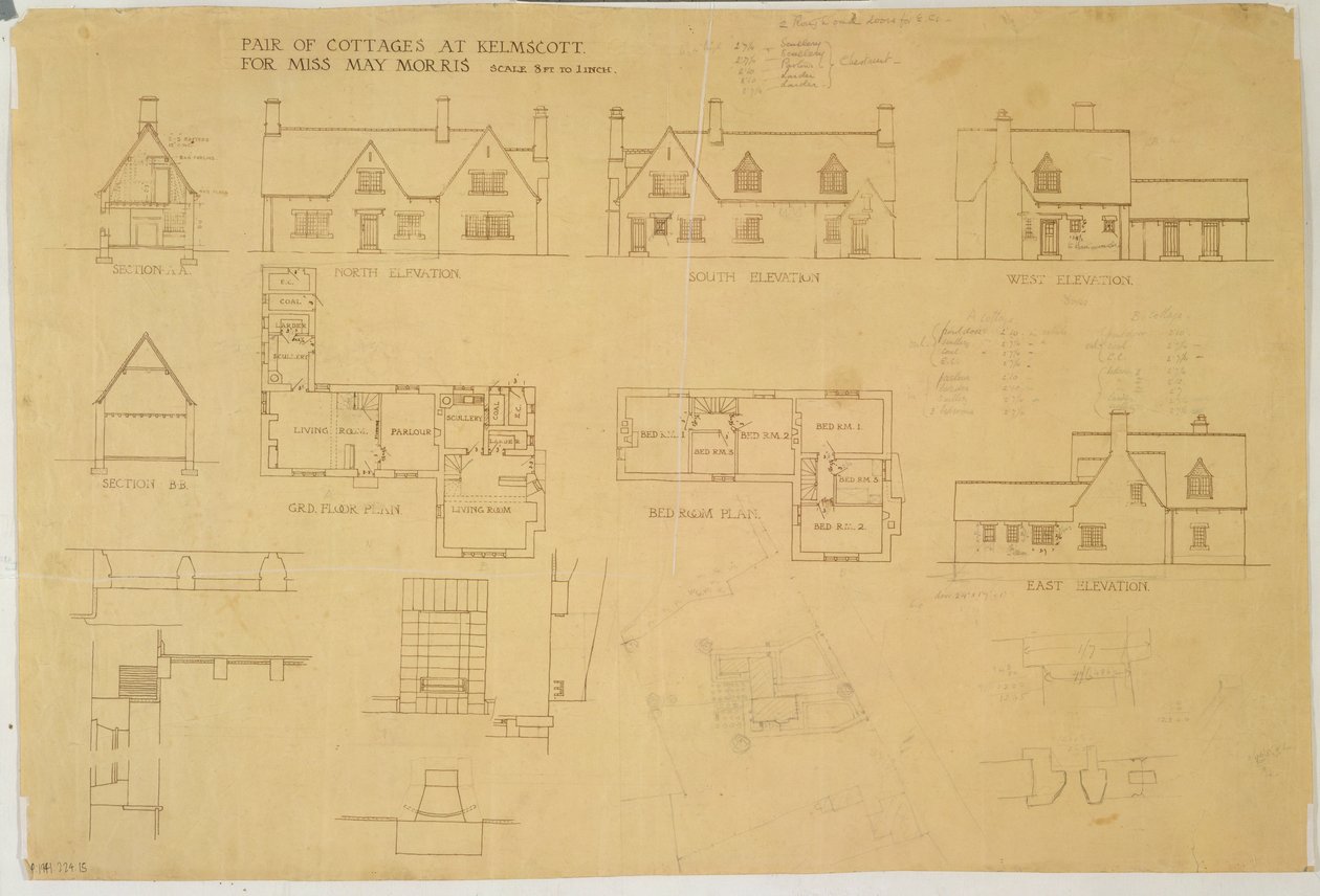 Paar Cottages in Kelmscott voor Miss May Morris, ca. 1915 door Ernest William Gimson
