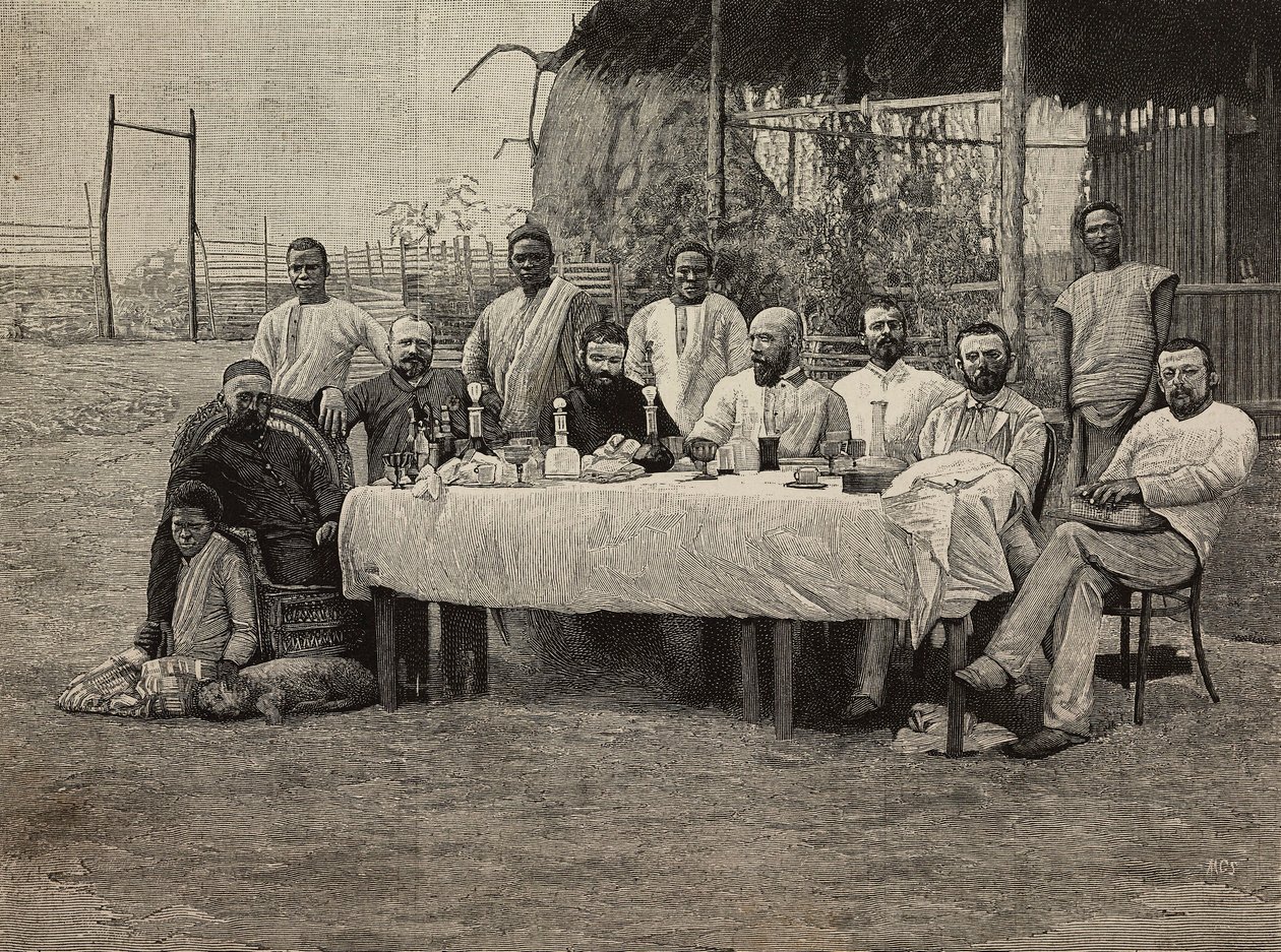 Anti-slavernij society banket bij Italiaans consulaat in Boma, Democratische Republiek Congo, gravure door Ernesto Mancastropa van foto door Giuseppe Corona, uit L