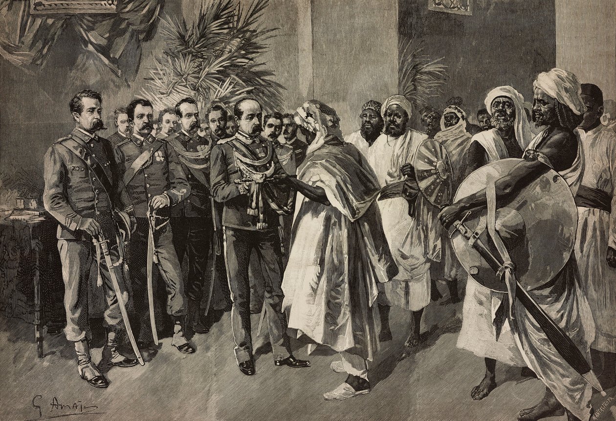 Generaal Tancredi Saletta biedt zwaard aan Kantibai, hoofd van Abab, Massawa, Eritrese oorlog door Ernesto Mancastroppa