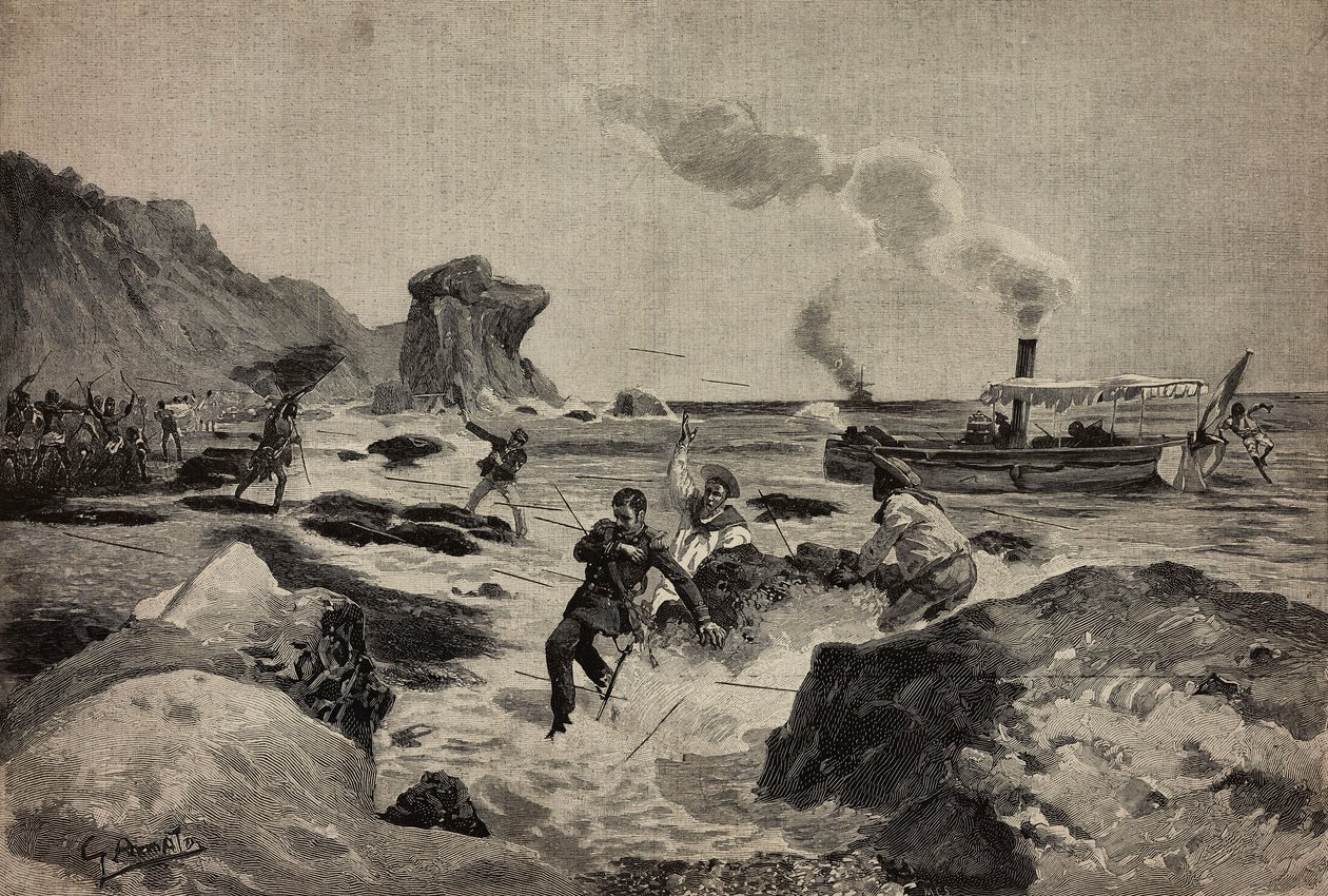 De moord op luitenant Carlo Zavagli (1867-1890) in Warsheikh, in Somalië, 24 april, gravure door Ernesto Mancastropa naar een tekening van Gennaro Amato, uit L