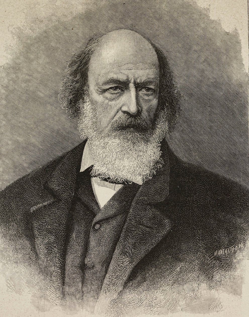 Portret van Alfred Tennyson (1809-1892), Britse dichter, gravure door Ernesto Mancastroppa van foto door Barraud, uit L