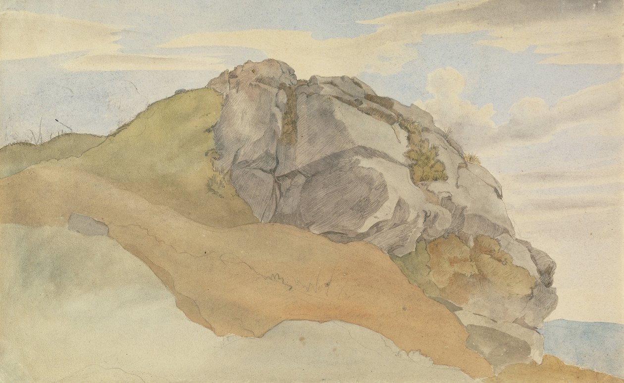 Rotsachtige Uitloper (recto), Rotsachtig Bos met Wandelaars (verso) door Ernst Ferdinand Oehme