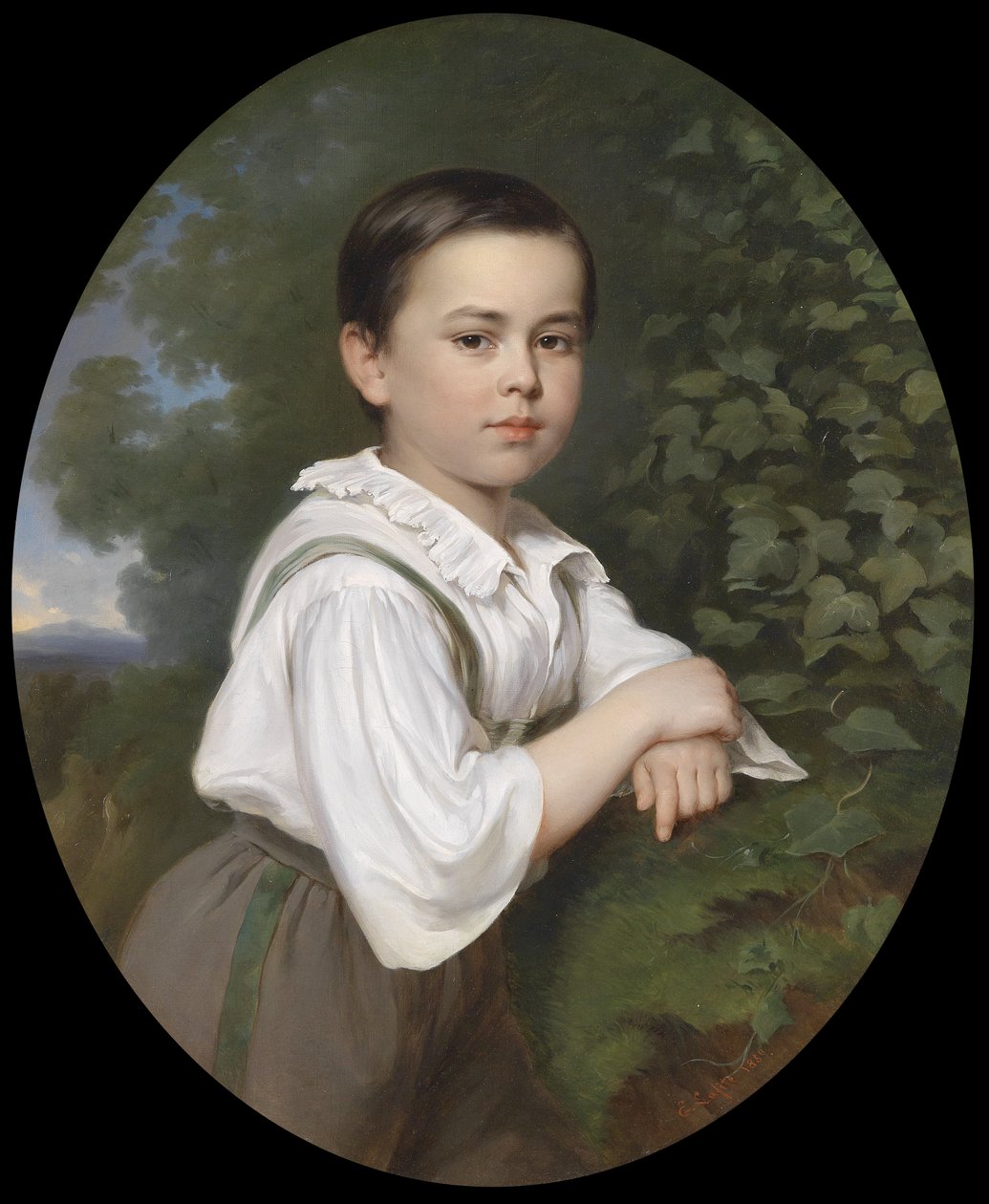 Portret van een jongen voor een landschap door Ernst Lafite