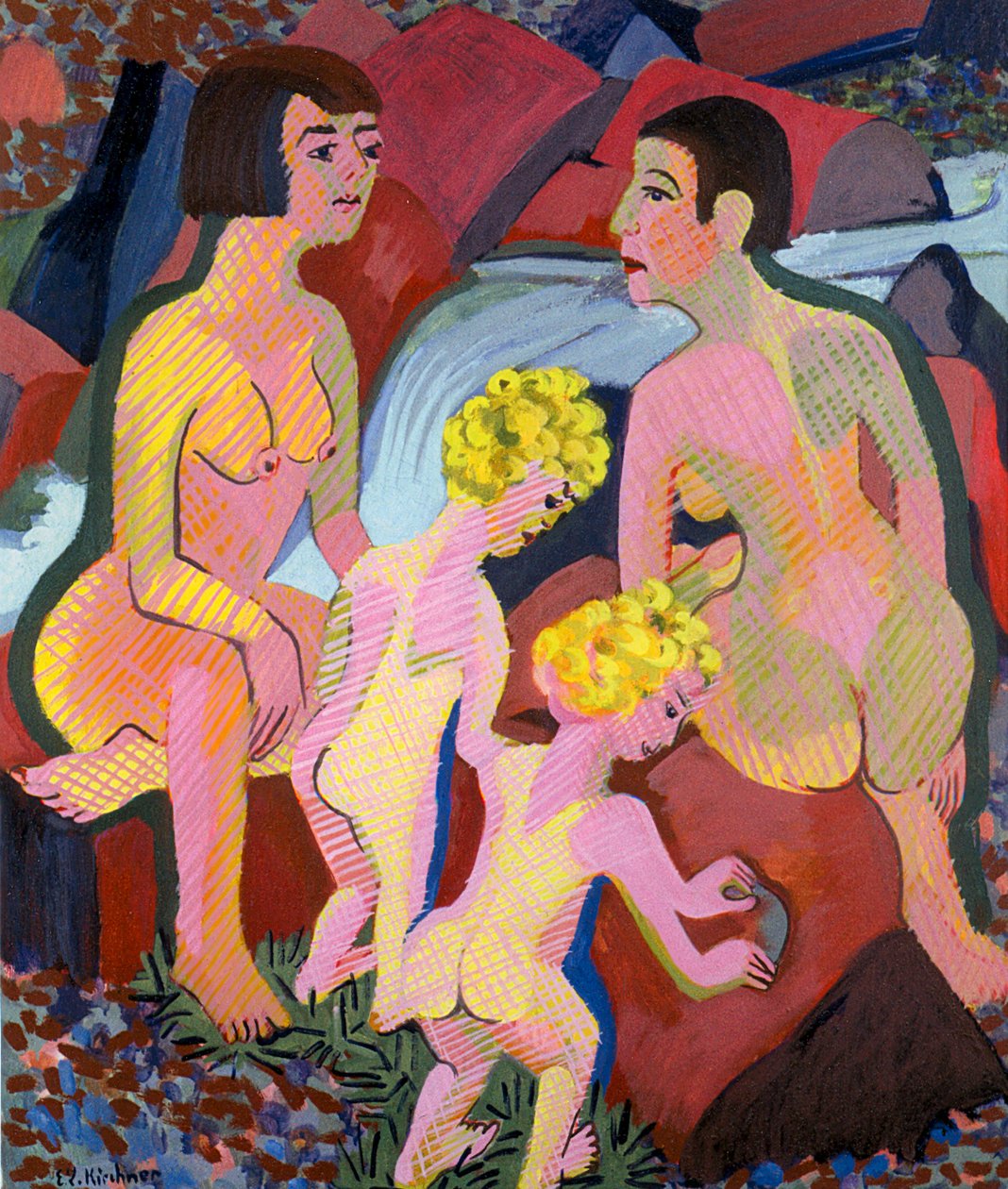 Badende vrouwen en kinderen door Ernst Ludwig Kirchner