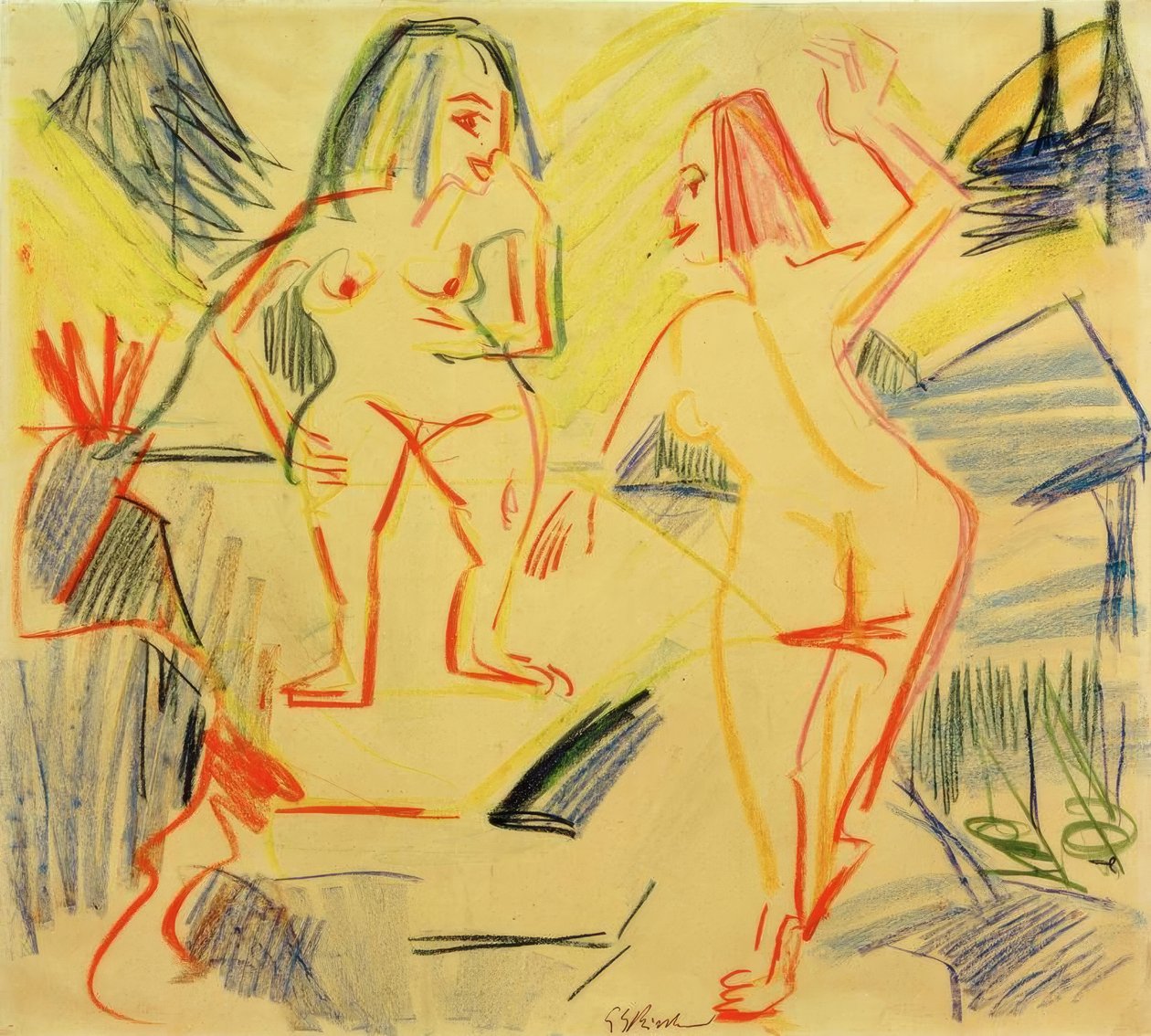 Baden in rotsen door Ernst Ludwig Kirchner