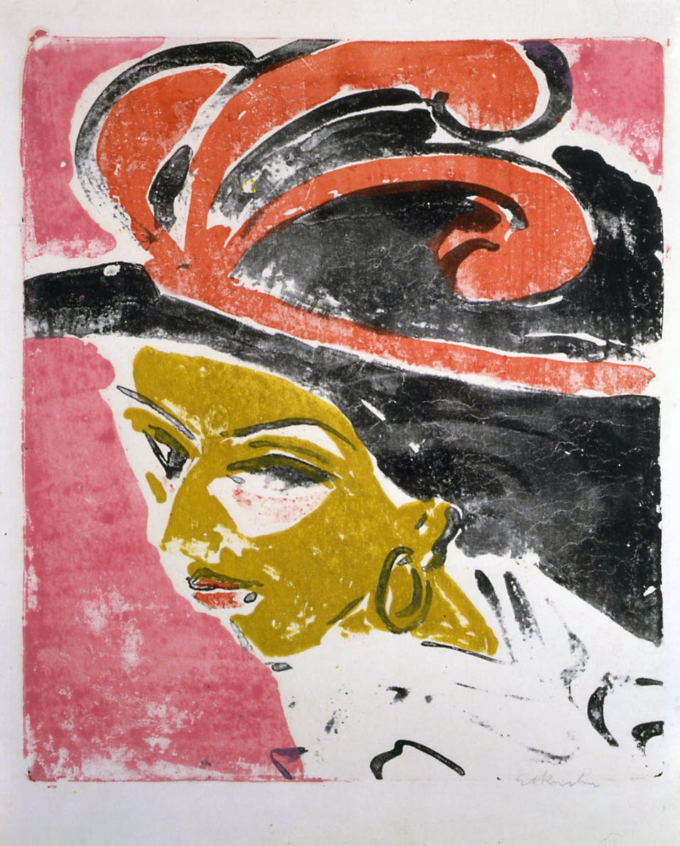 Kokottenhoofd met verenhoed door Ernst Ludwig Kirchner