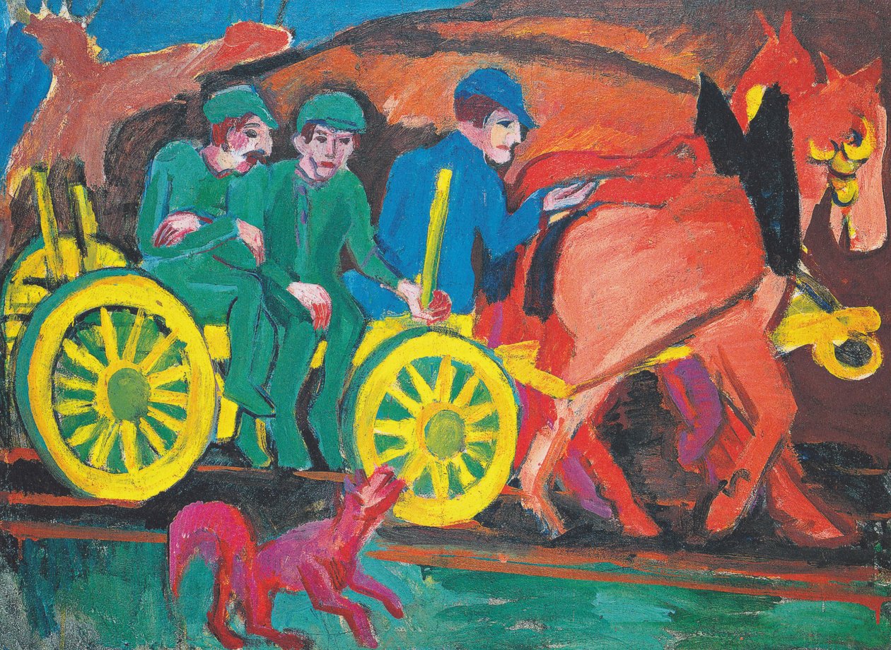 Paardenkar met Drie Boeren door Ernst Ludwig Kirchner