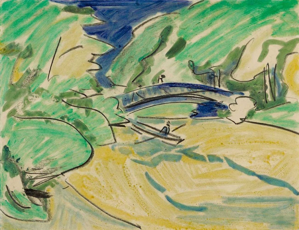 Roeiboot onder de brug door Ernst Ludwig Kirchner