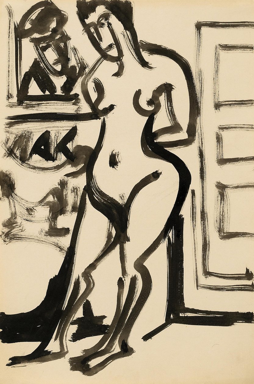 Staande naakt voor schilderij in atelier door Ernst Ludwig Kirchner