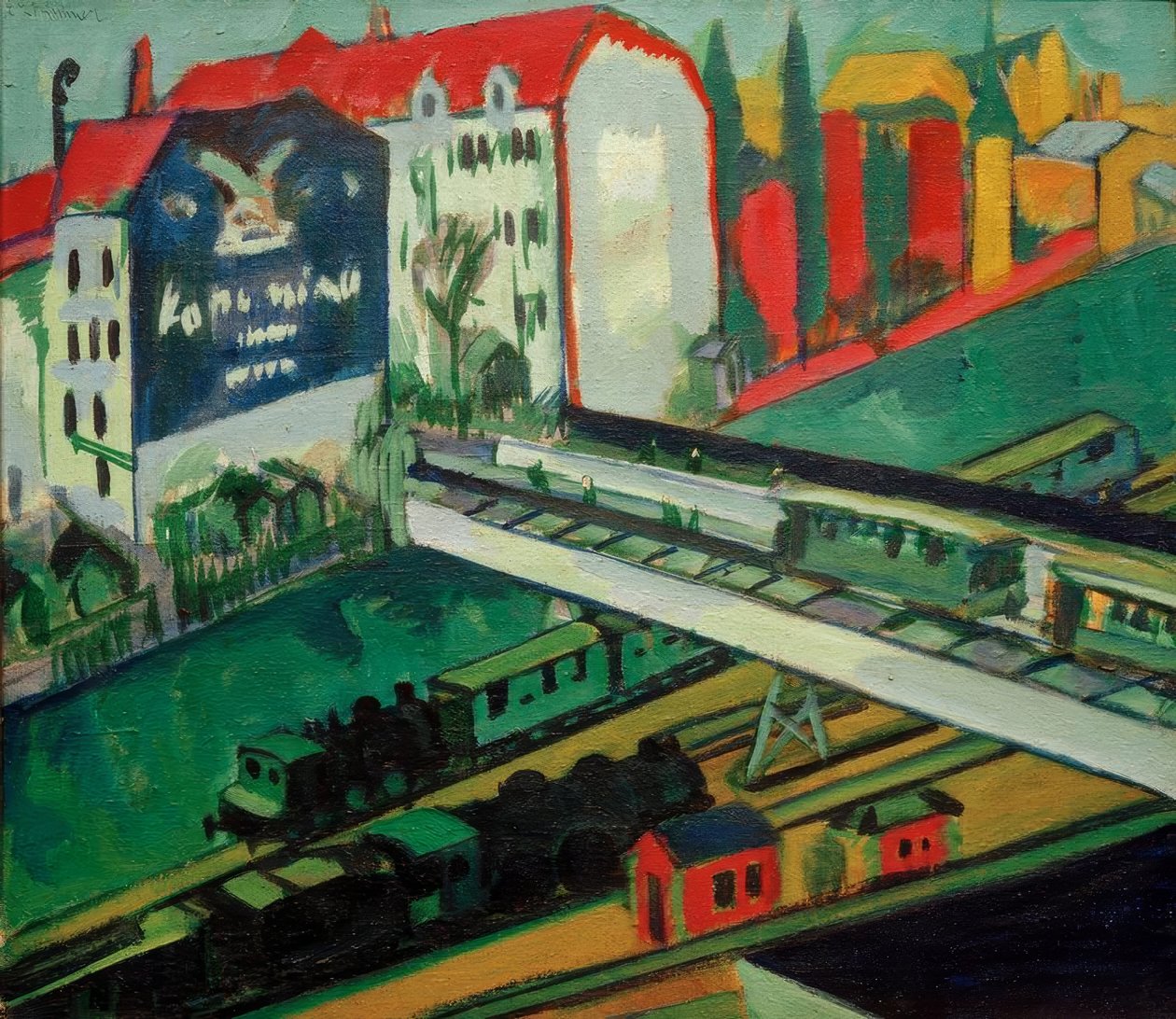 Tram en trein; uitzicht vanuit het atelierraam door Ernst Ludwig Kirchner
