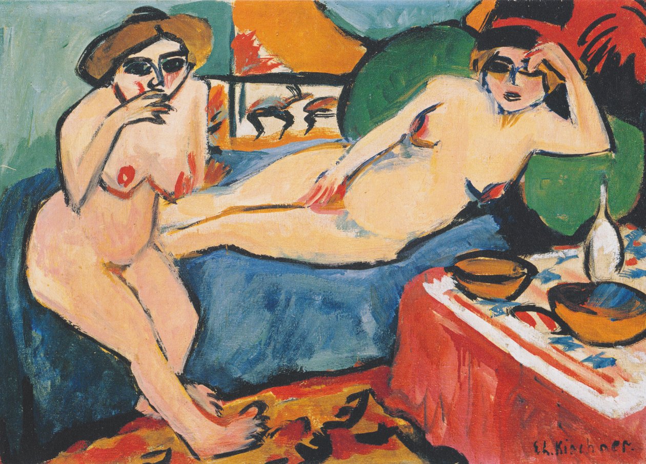 Twee naakten op blauwe sofa door Ernst Ludwig Kirchner