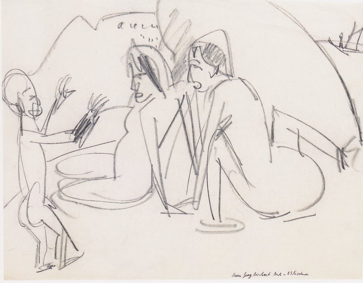 Twee vrouwen en sculptuur op het strand door Ernst Ludwig Kirchner
