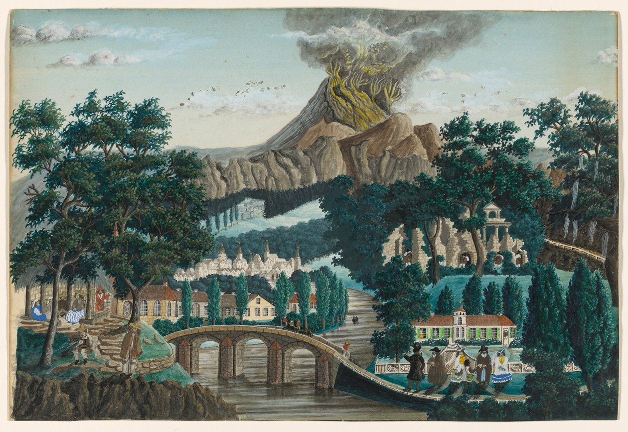 Landschap met uitbarstende vulkaan, brug en bruiloftsfeest door Ernst Damitz
