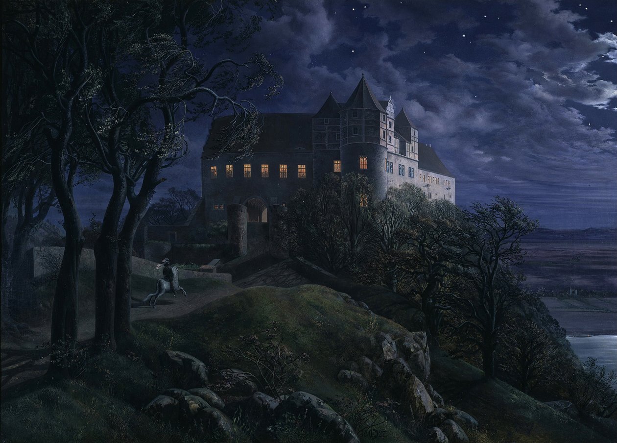 Kasteel Scharfenberg bij nacht, 1827 door Ernst Ferdinand Oehme