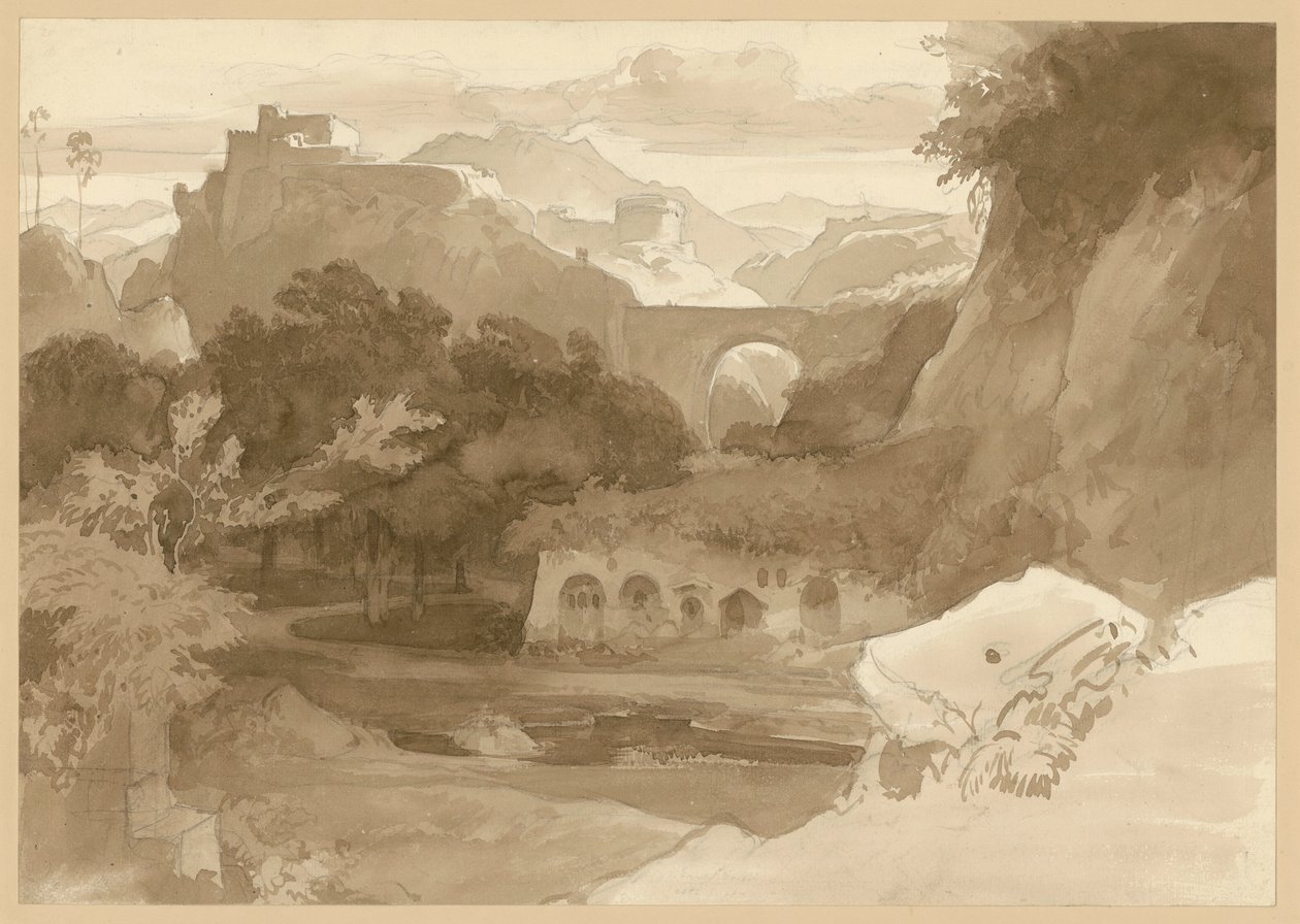 Rotsachtig berglandschap met viaduct. Motief uit de Sabijnse Bergen door Ernst Fries