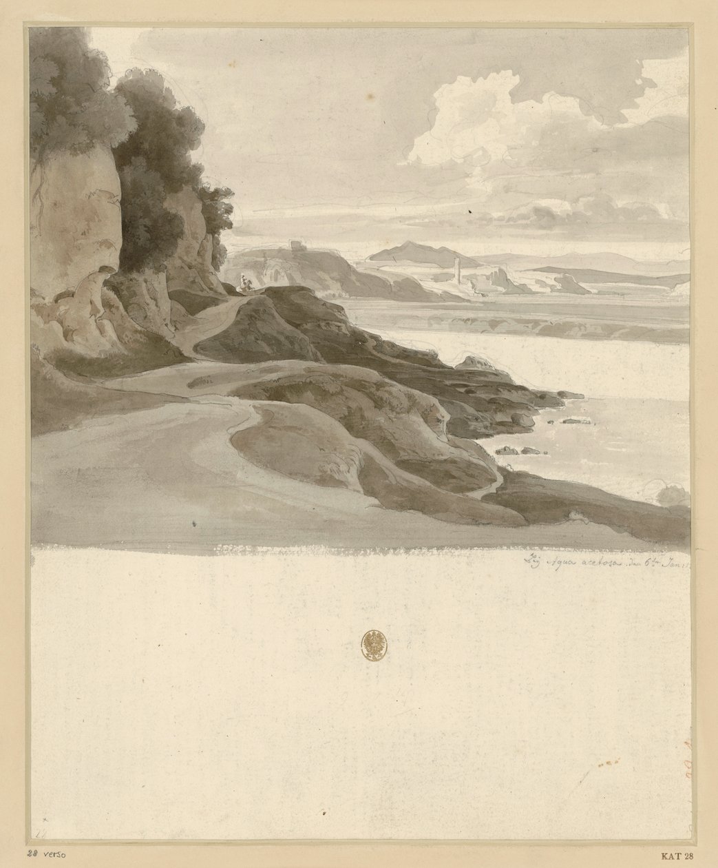 Rivierlandschap met een pad langs een rotsachtige oever bij Aqua Acetosa door Ernst Fries