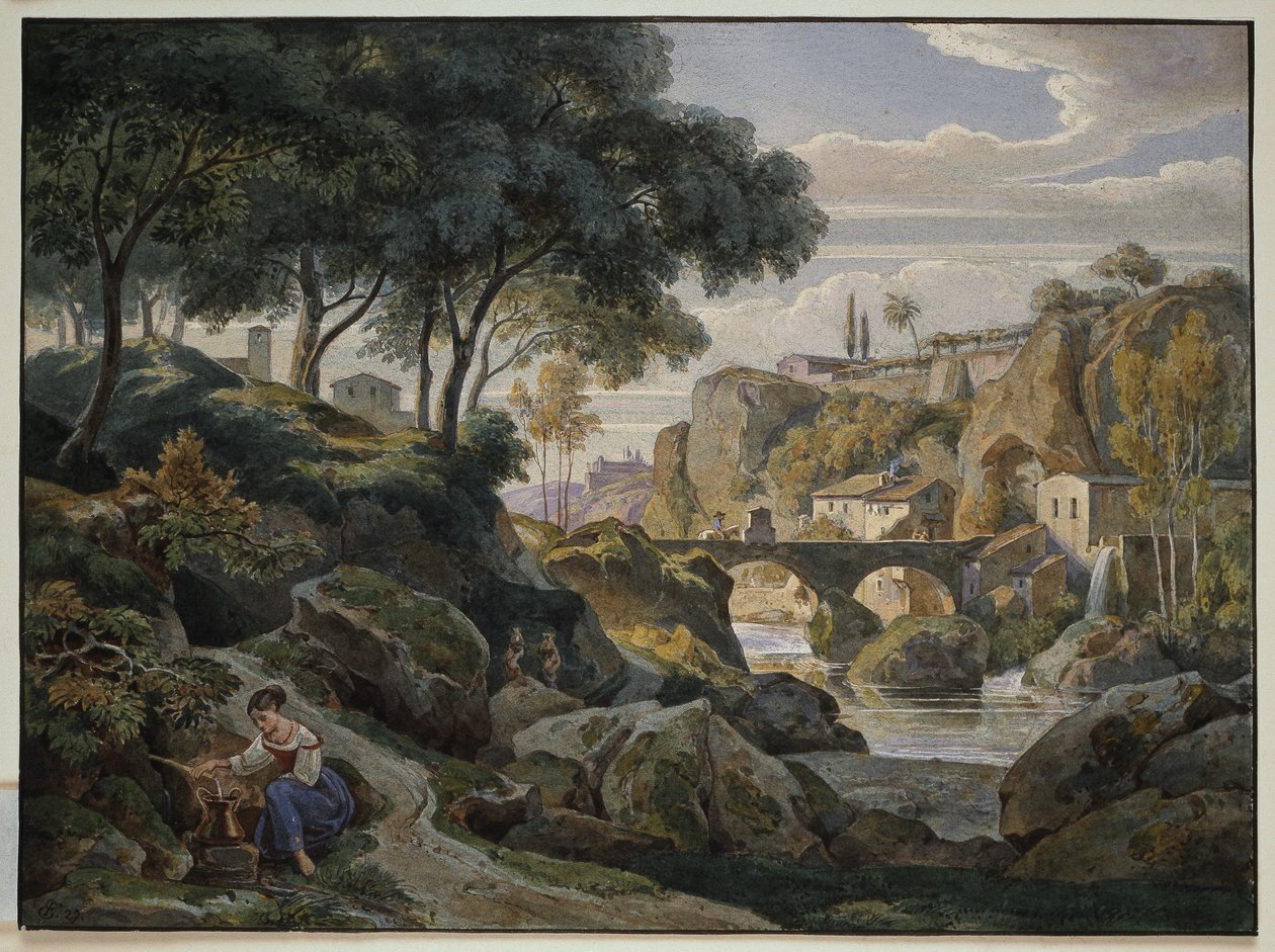 Italiaans berglandschap met een stenen brug door Ernst Fries
