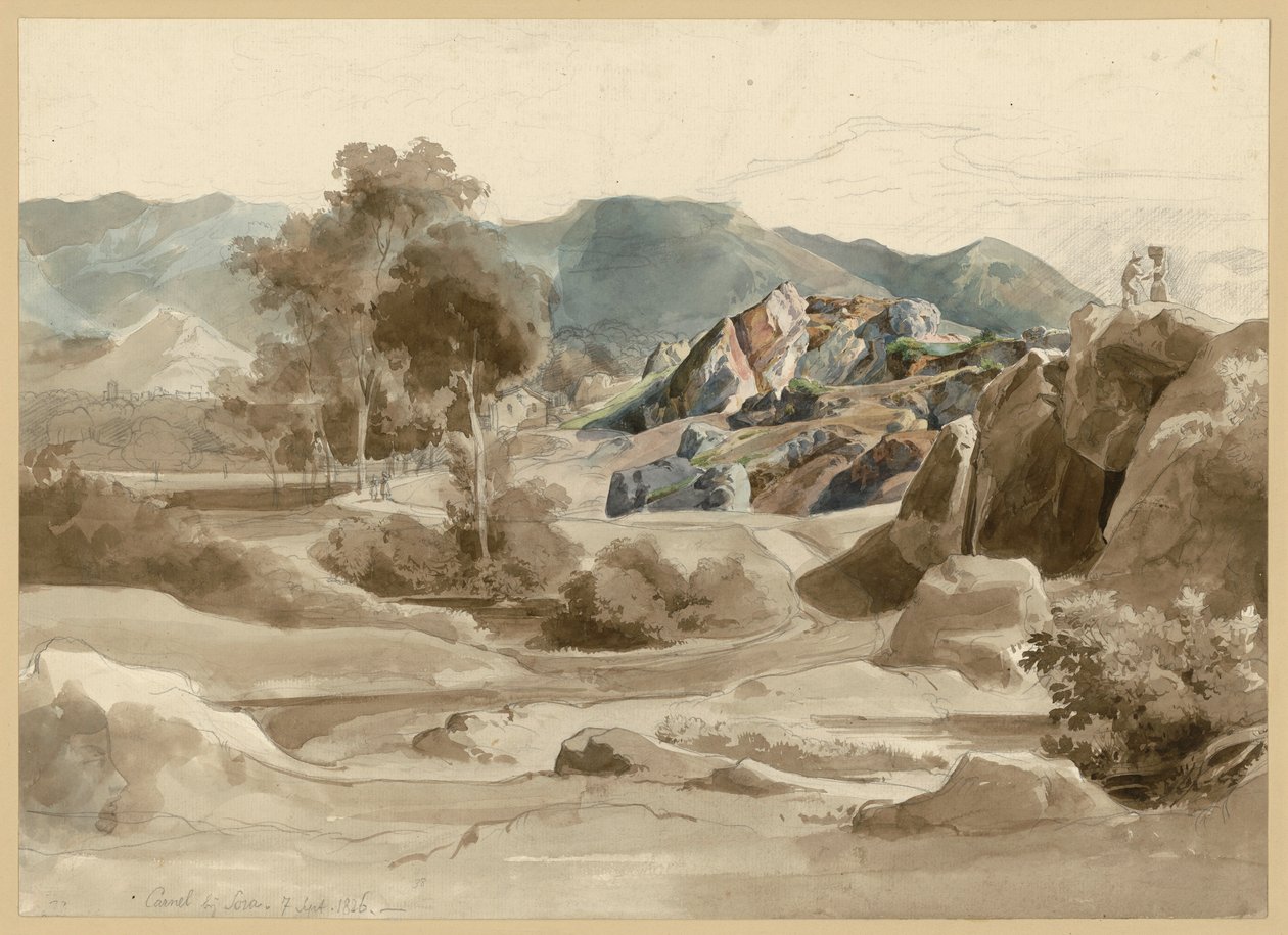 Italiaans landschap met een beekje, bomen, een huis langs de weg en een ruig rotsgebied. Camel bij Sora door Ernst Fries